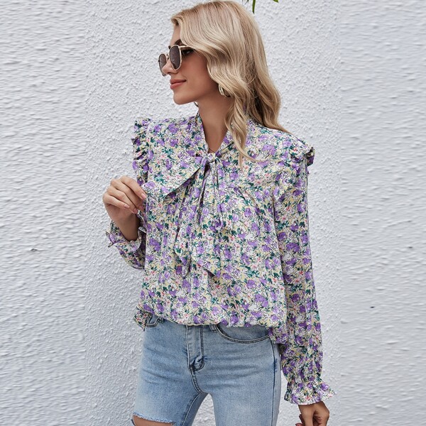 

Ditsy Floral Tie Neck Ruffle Trim Blouse, Multicolor