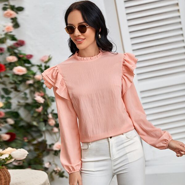 

Mock Neck Ruffle Trim Solid Blouse, Coral pink