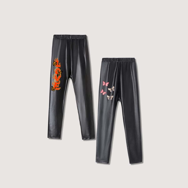 

Toddler Girls 2pcs PU Butterfly & Letter Graphic Leggings, Black