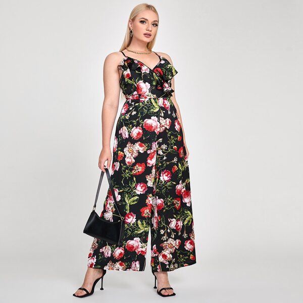 

Plus Floral Ruffle Trim Wide Leg Cami Jumpsuit, Multicolor
