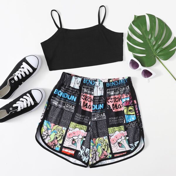 

Crop Cami Top & Pop Art Print Shorts Set, Multicolor