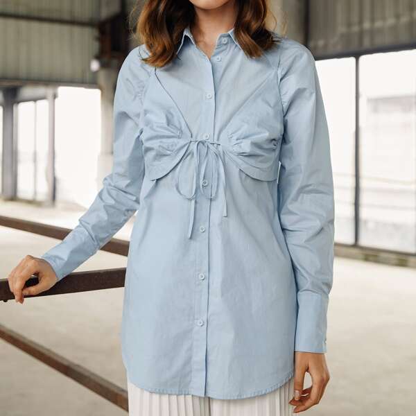 

Single Breasted Knot Front Blouse, Pastel baby blue
