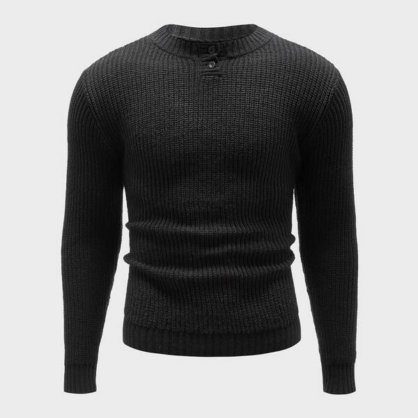 

Men Buttoned Half Placket Ribbed Knit Sweater, Black