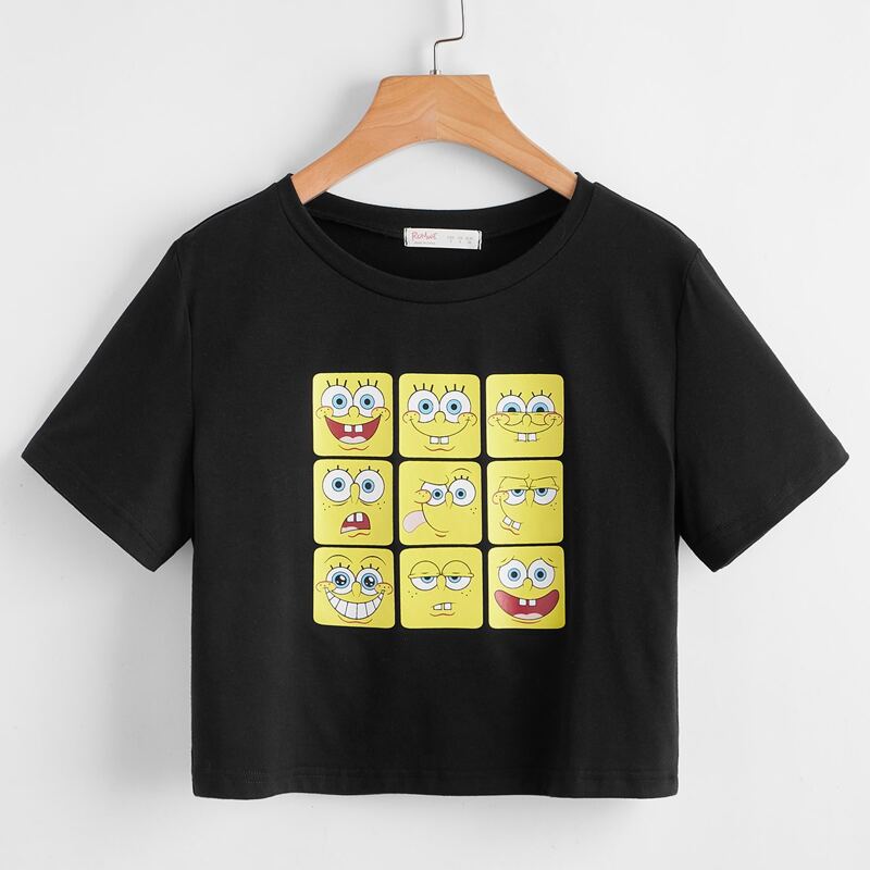 

ROMWE X SpongeBob Crop Tee, Black