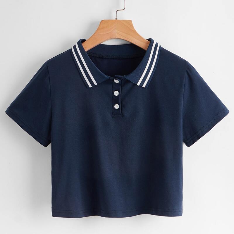 

Striped Neck Crop Polo Tee, Navy blue