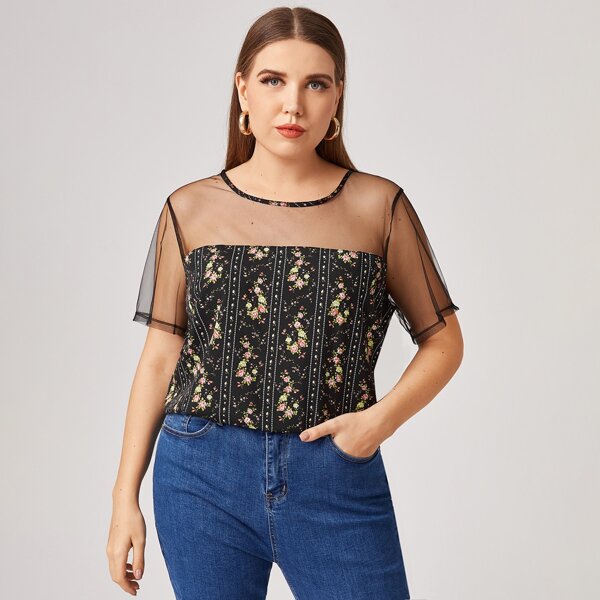 

Plus Floral Sheer Mesh Yoke Top, Multicolor