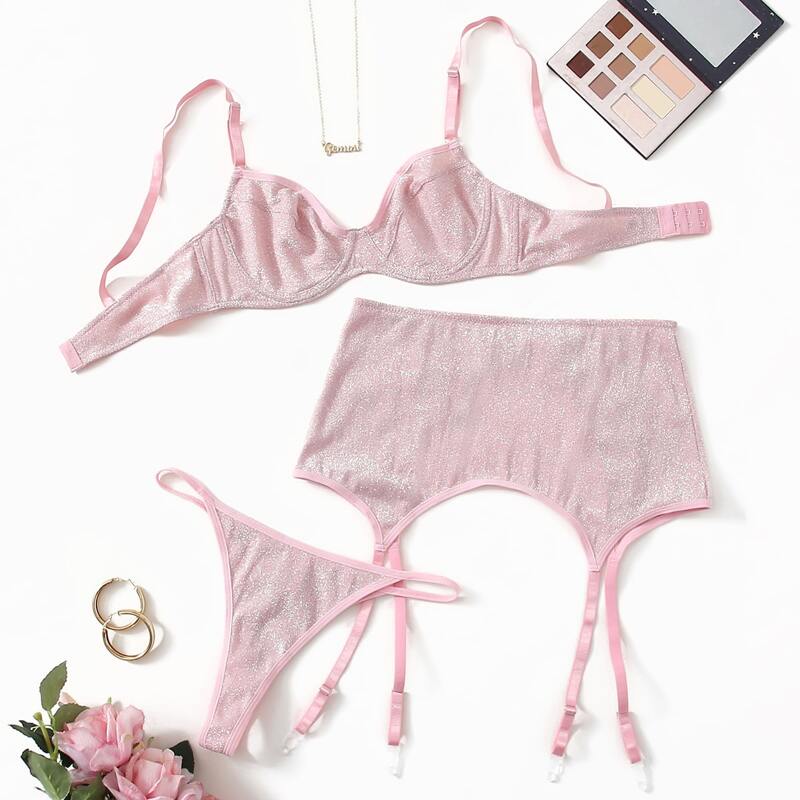 

Glitter Underwire Garter Lingerie Set, Baby pink