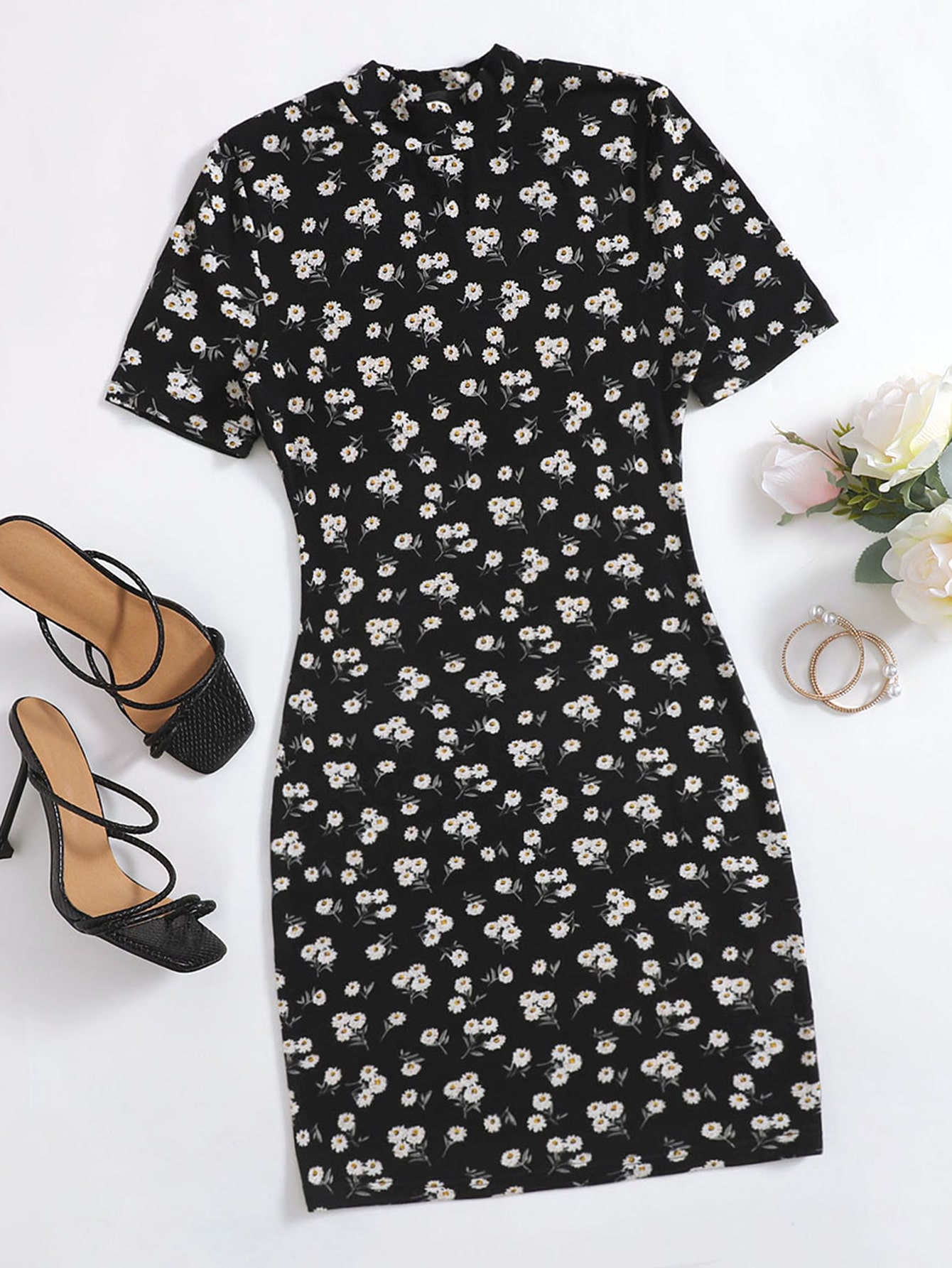 Ditsy Floral Mock Neck Bodycon Dress thumbnail
