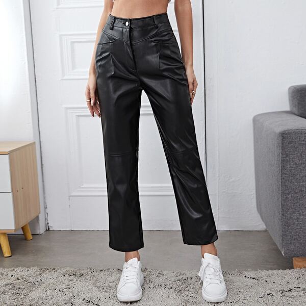 

Zipper Fly Pocket Detail PU Pants, Black