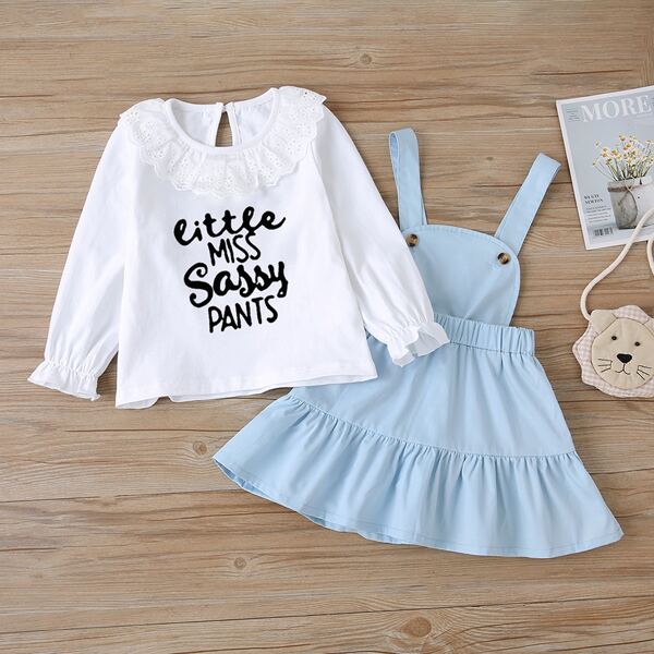 

Toddler Girls Slogan Graphic Eyelet Embroidered Top & Overall Dress, Multicolor