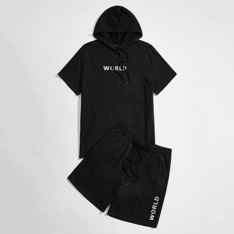 

Guys Letter Embroidered Hooded Tee & Shorts Set, Black