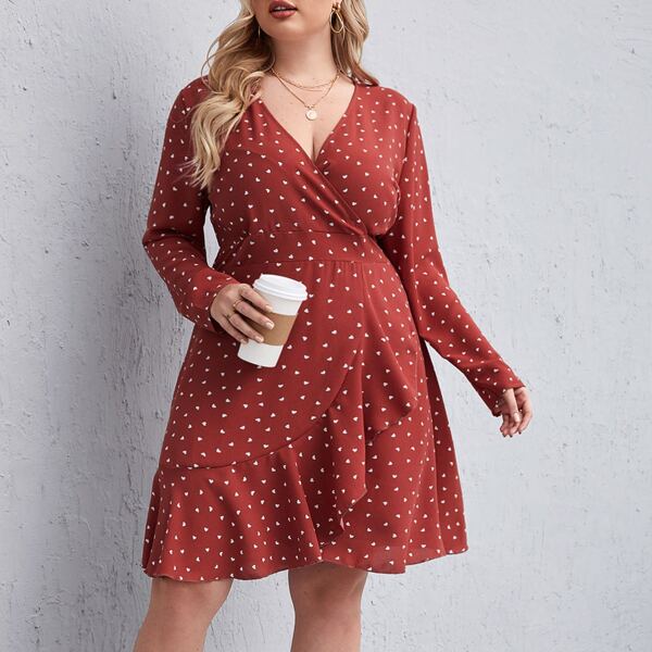 

Plus Allover Heart Print Wrap Dress, Redwood