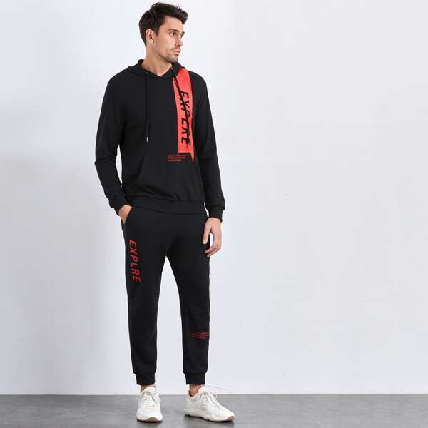 

Men Slogan Graphic Drawstring Hoodie & Pocket Joggers Set, Black
