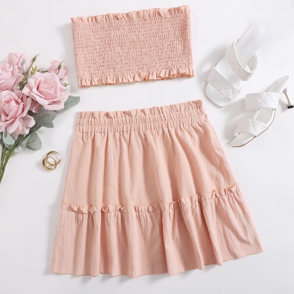 

Frill Trim Shirred Tube Top & Skirt, Baby pink