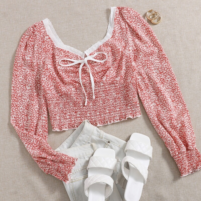 

Ditsy Floral Tie Front Shirred Blouse, Red and white