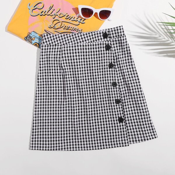 

Gingham Button Front Skirt, Black and white