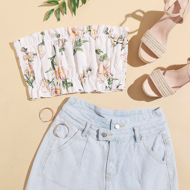 

Floral Ruffle Trim Tube Top, Multicolor