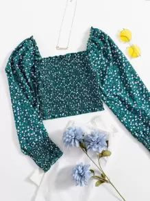 Breezaya Ditsy Floral Shirred Crop Blouse Fall Cloth For Women - Teal Blue - View 1