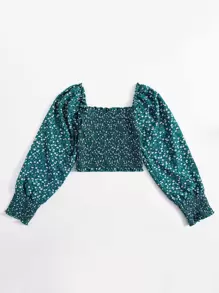 Breezaya Ditsy Floral Shirred Crop Blouse Fall Cloth For Women - Teal Blue - View 2