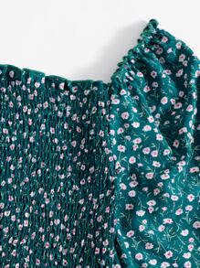 Breezaya Ditsy Floral Shirred Crop Blouse Fall Cloth For Women - Teal Blue - View 3