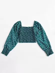 Breezaya Ditsy Floral Shirred Crop Blouse Fall Cloth For Women - Teal Blue - View 5