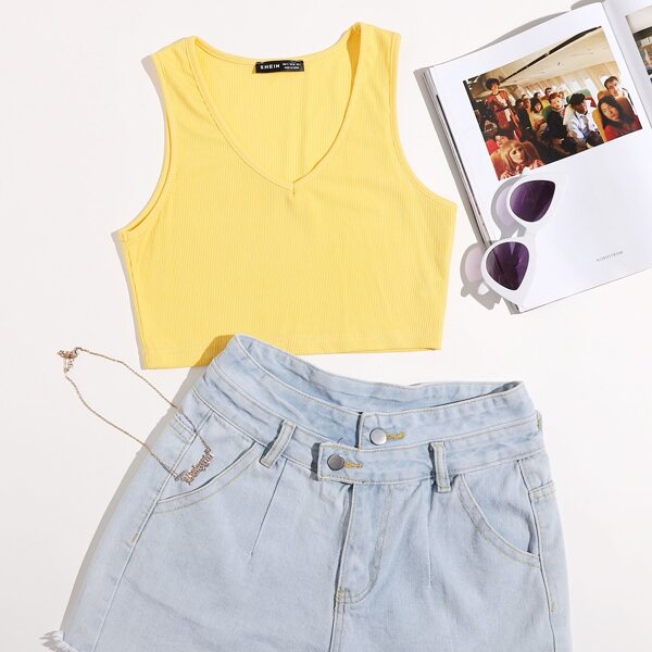 

V-neck Rib-knit Tank Top, Yellow