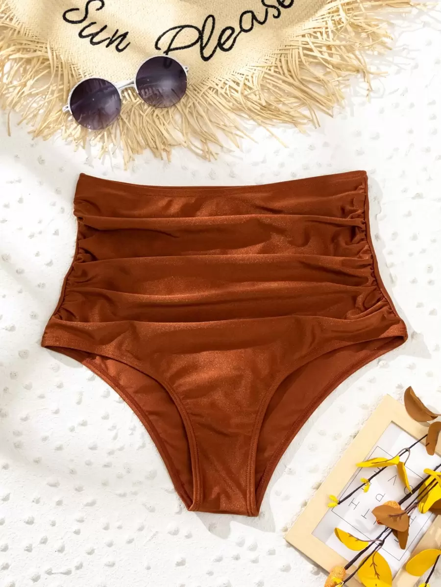Swim Lushoire Summer Beach Ruched Bikini Panty - Rust Brown - View 1