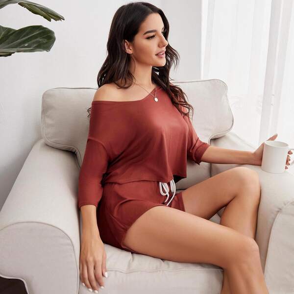

Solid Rib-knit Knot Lounge Set, Burgundy
