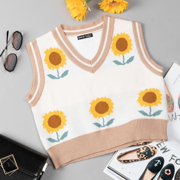

Sunflower Pattern Sweater Vest, Multicolor