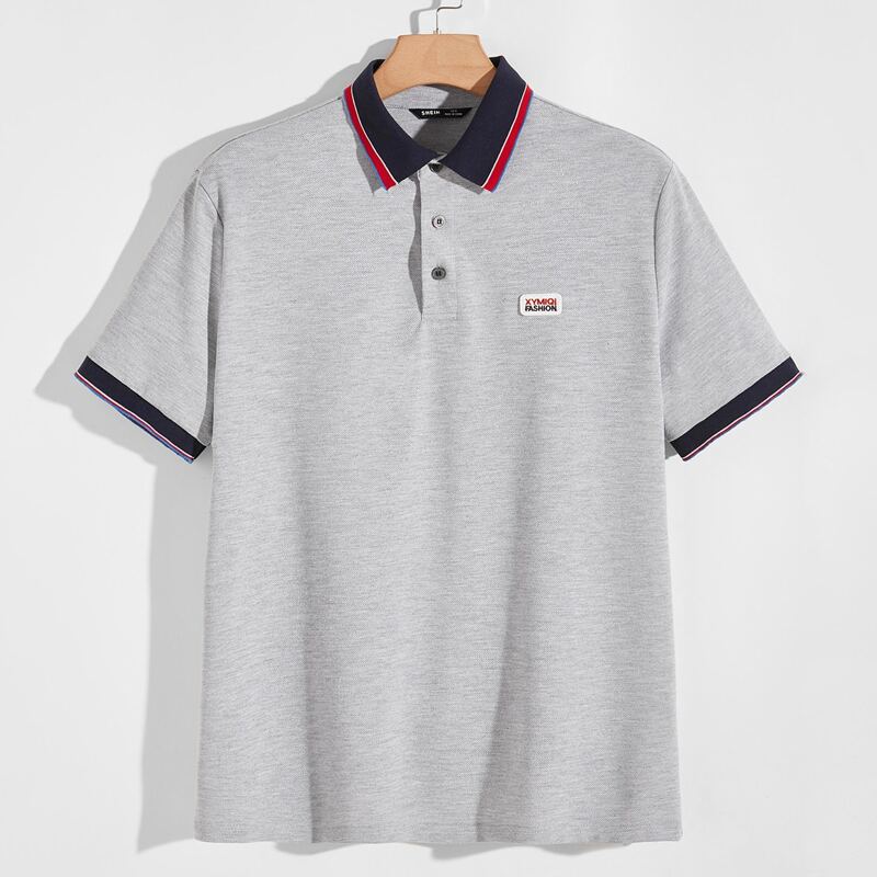 

Guys Patched Detail Colorblock Collar Polo Shirt, Light grey