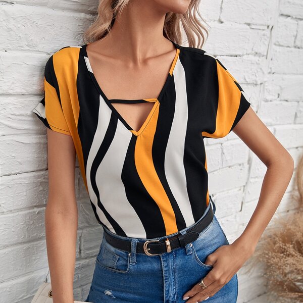 

Keyhole Neck Striped Colorblock Top, Multicolor