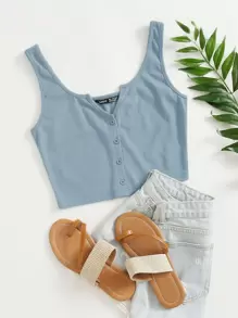 SHEIN EZwear 缺口領紐扣背心上衣 - 霧霾藍 - 查看 2