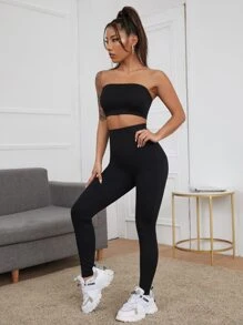 SHEIN EZwear Solid Crop Tube Top & Leggings Set - Black - View 1