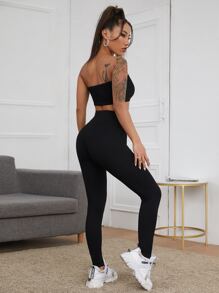 SHEIN EZwear Solid Crop Tube Top & Leggings Set - Black - View 2