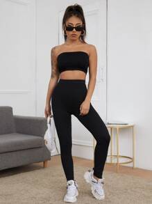 SHEIN EZwear Solid Crop Tube Top & Leggings Set - Black - View 3