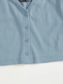 SHEIN EZwear 缺口領紐扣背心上衣 - 霧霾藍 - 查看 6