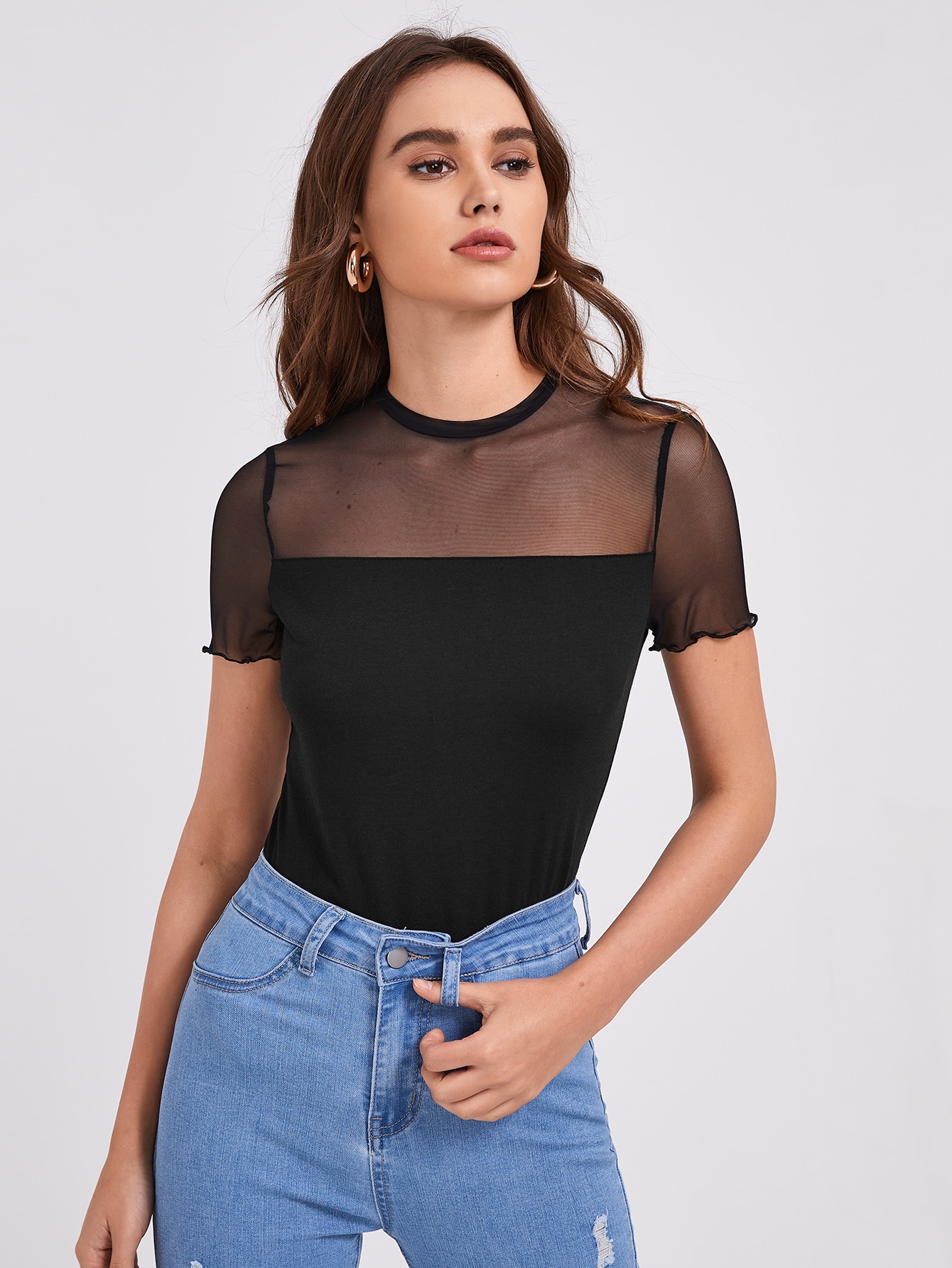 Lettuce Trim Sheer Mesh Yoke Tee thumbnail
