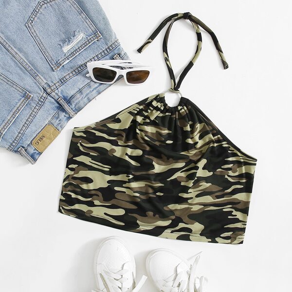 

Plus Camo Print Crop Halter Top, Multicolor
