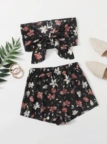 SHEIN Floral Knot Front Tube Top & Shorts Set - Multicolor - View 1