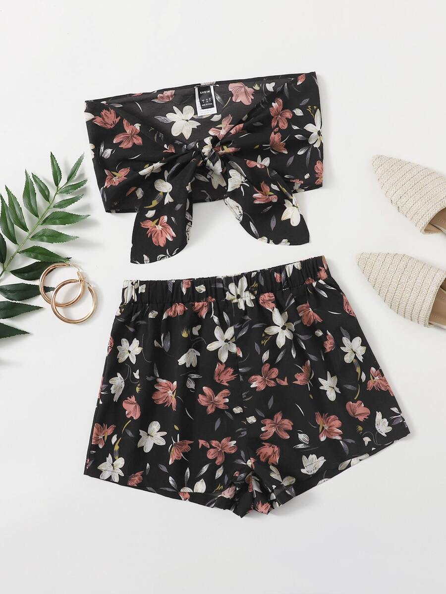 SHEIN Floral Knot Front Tube Top & Shorts Set - Multicolor - View 1
