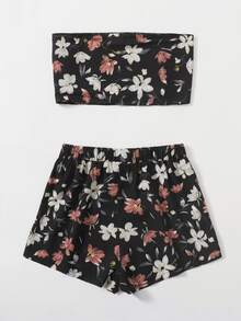 SHEIN Floral Knot Front Tube Top & Shorts Set - Multicolor - View 2