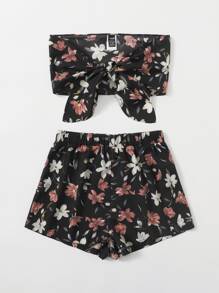 SHEIN Floral Knot Front Tube Top & Shorts Set - Multicolor - View 3