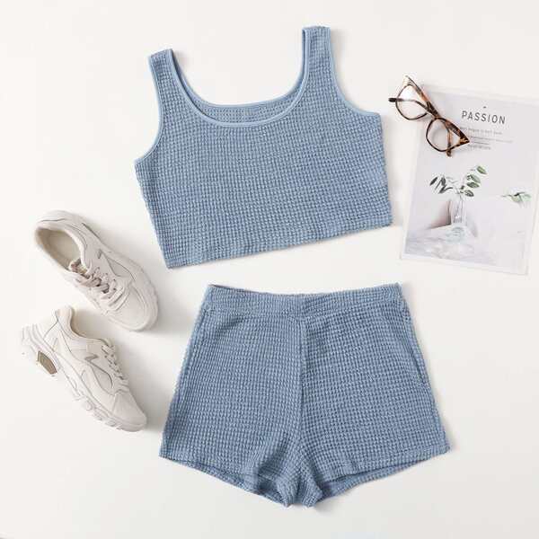 

Waffle Knit Solid Lounge Set, Dusty blue