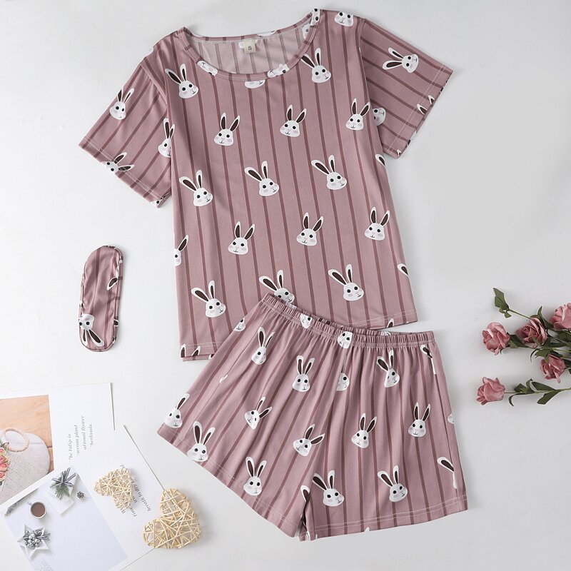 

Cartoon Rabbit & Striped Print Pajama Set, Mauve purple