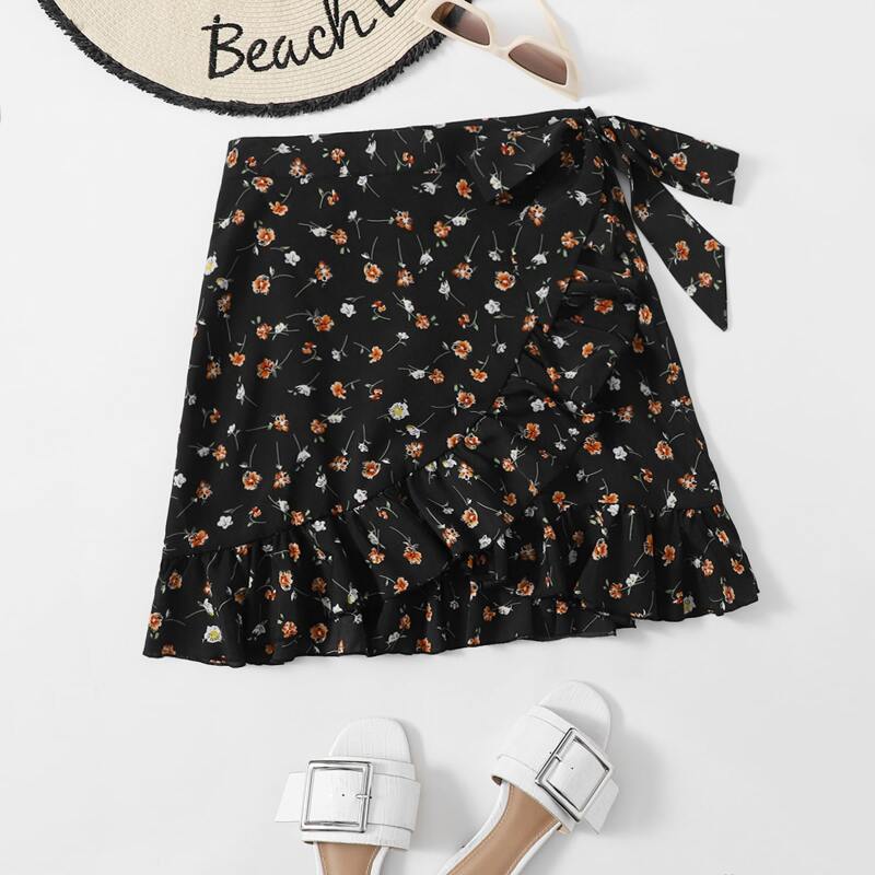 

Tie Side Ruffle Trim Wrap Ditsy Floral Skirt, Black