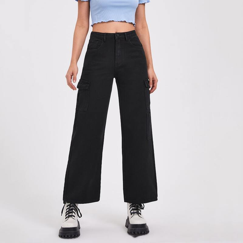 

Flap Pocket Wide Leg Jeans, Black