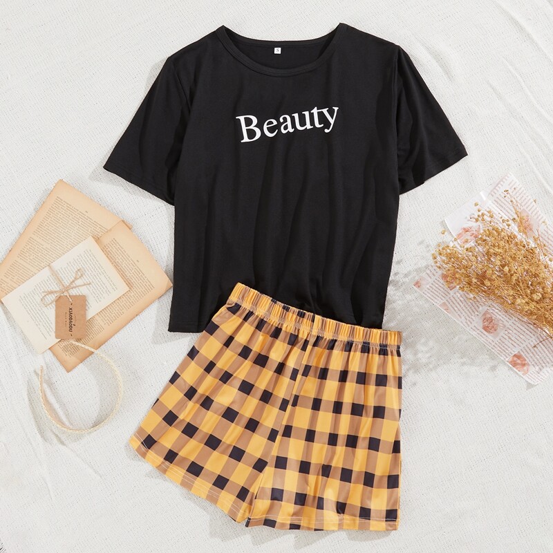 

Letter Graphic Tee & Buffalo Plaid Shorts PJ Set, Multicolor