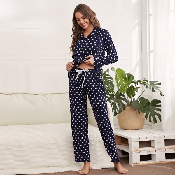 

All Over Star Print Button Front Pajama Set, Navy blue