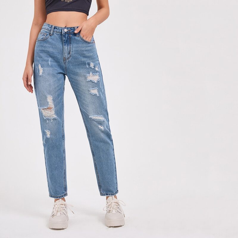 

Pocket Side Ripped Mom Jeans, Light wash