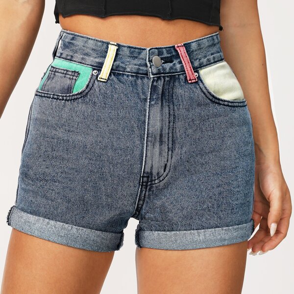 

Roll Hem Colorblock Denim Shorts, Medium wash